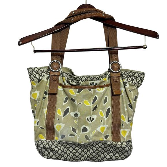 Fossil Floral Canvas Purse Bag 6 Pockets Two Handles 18”x14” Boho - Picture 2 of 9